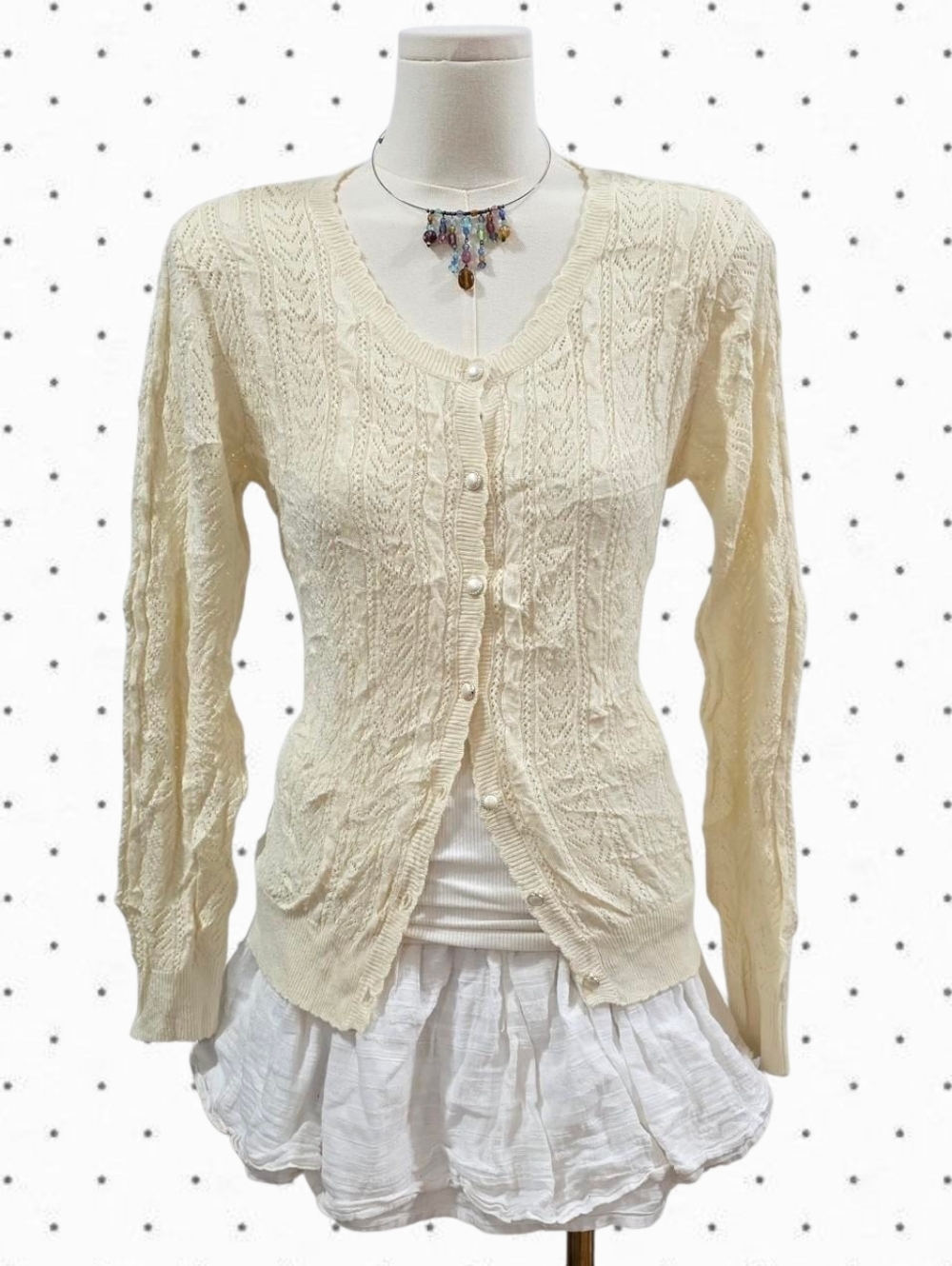 Sorridere Japanese brand cream knit cardigan with long sleeve and  decorative